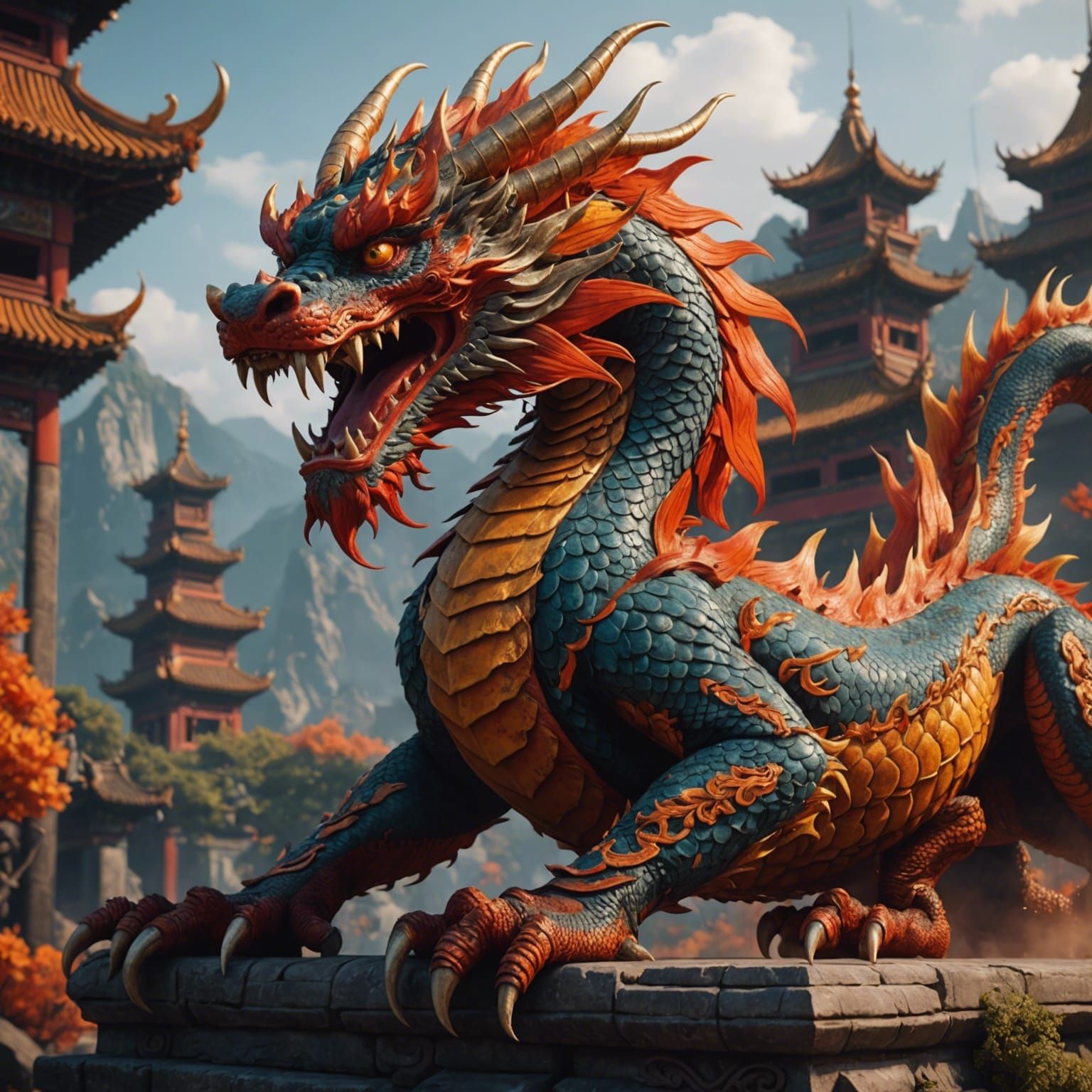 Detailed Red and Orange Chinese Dragon