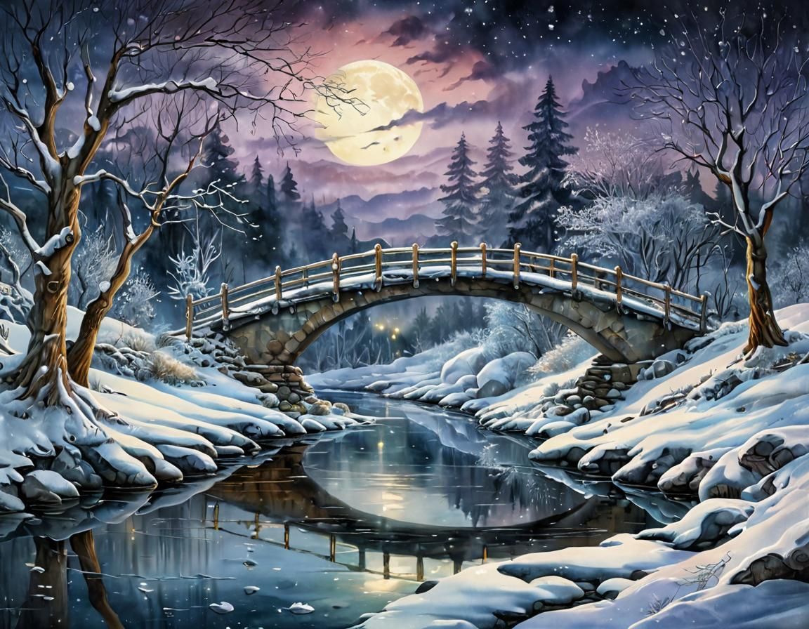 Winter Landscape with Bridge in Watercolor Style