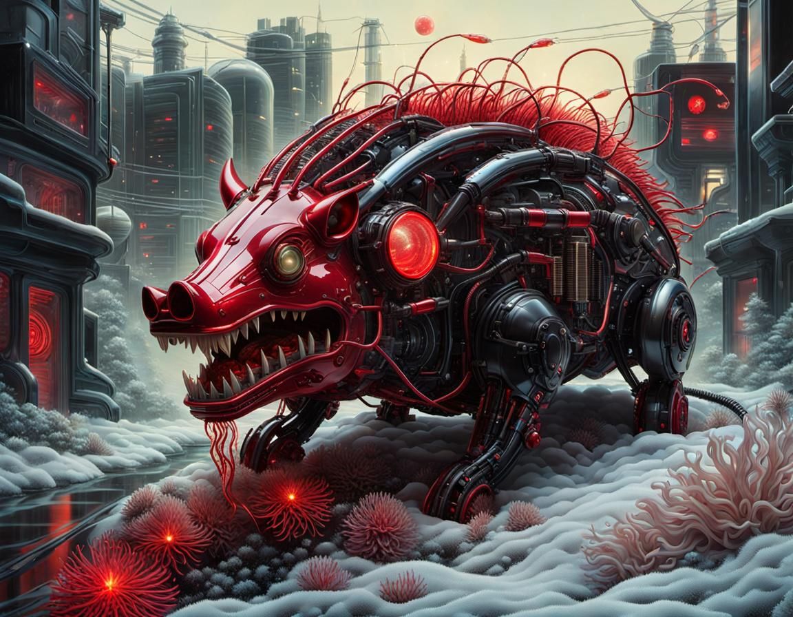 Cybernetic Robot with Latex Face and Bioluminescent Tubes