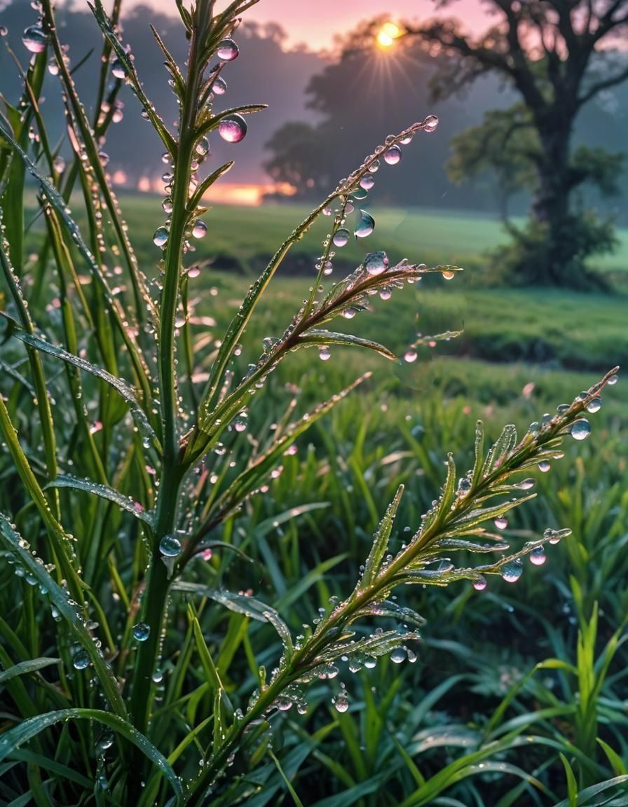 Macro Dew Drops at Dawn in Hyperrealism