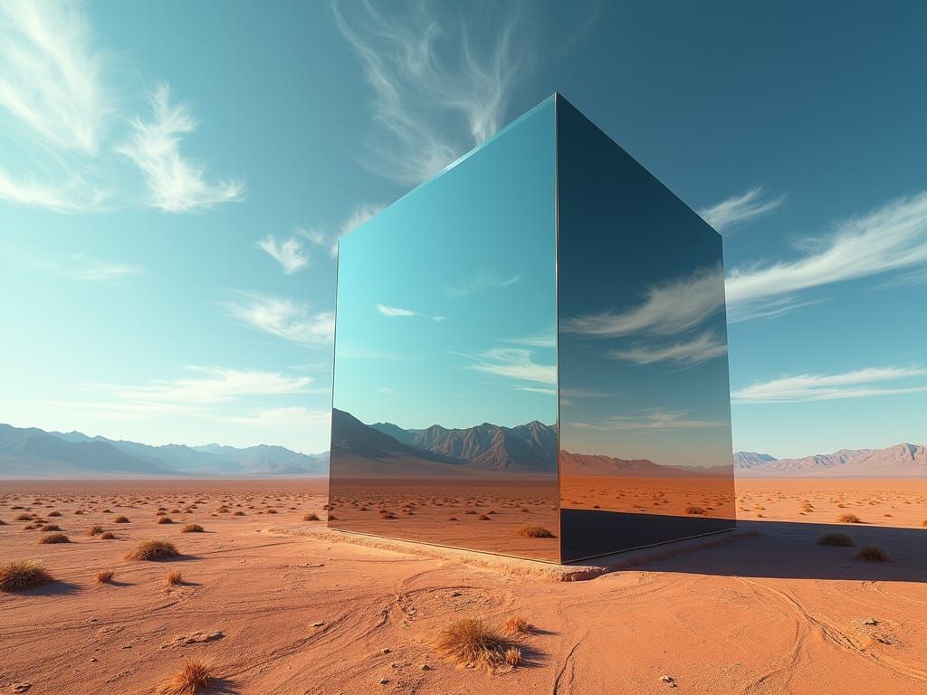 Giant Glass Cube in Death Valley: Hyperrealistic Digital Art