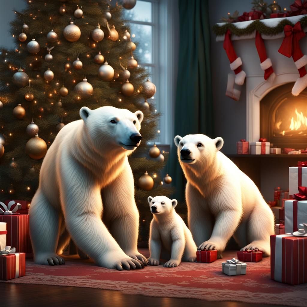 Polar Bear Family Christmas: Detailed Matte Painting