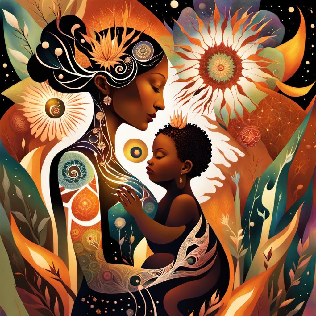 Magical Mother and Child in a Botanical Mandala