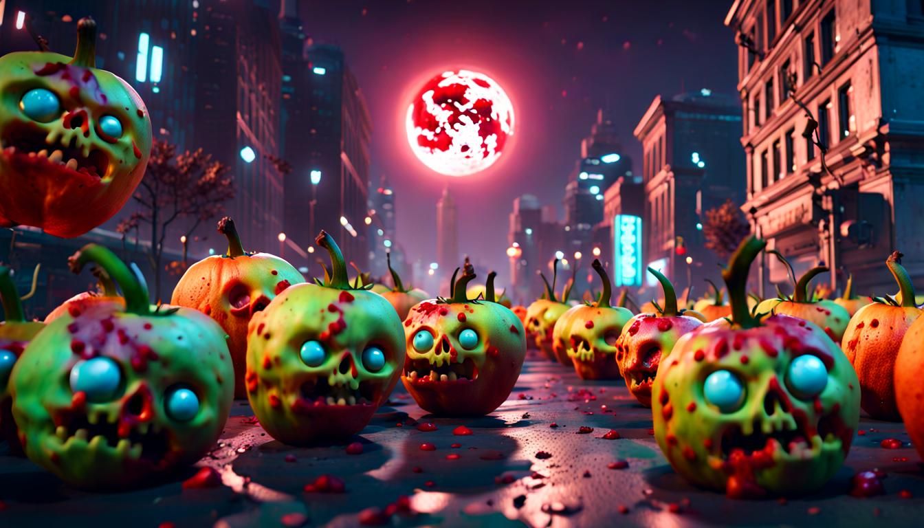 Zombie Fruit Army Marches Through City at Night