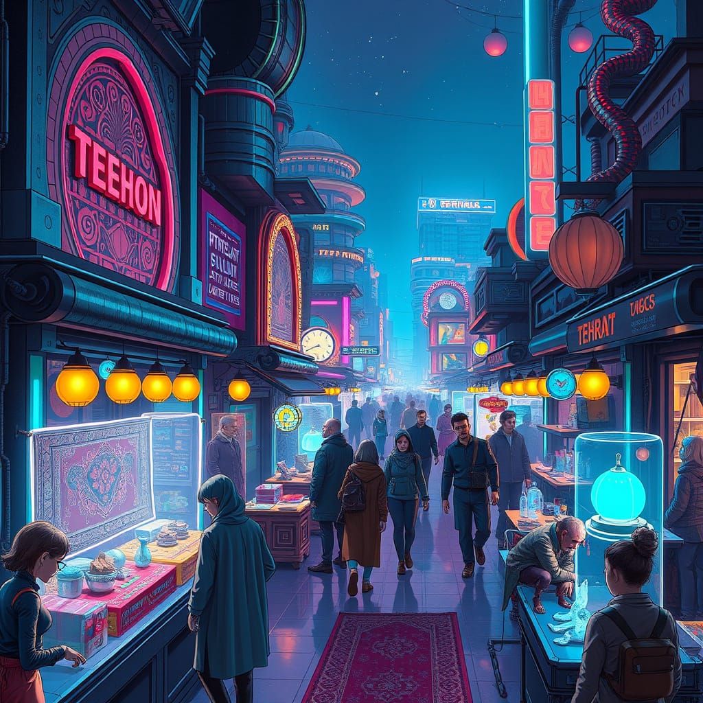 Futuristic Tehran Marketplace in Cyberpunk Style