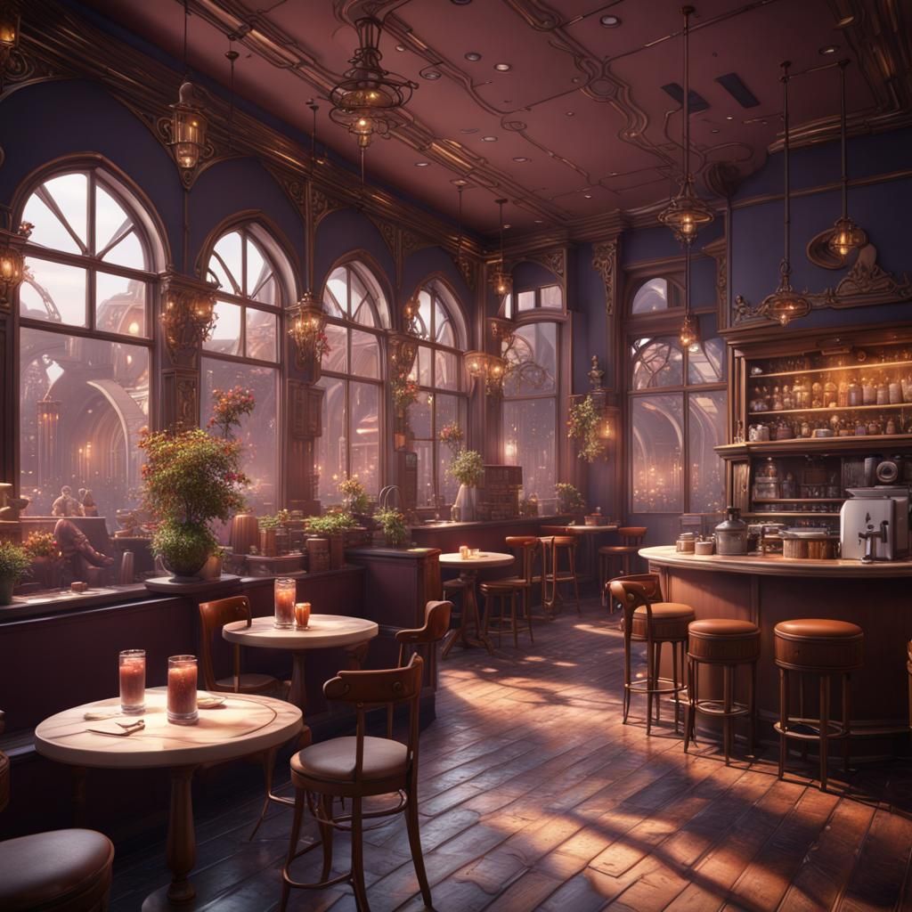 Aesthetic Cafe in Detailed Matte Painting Style