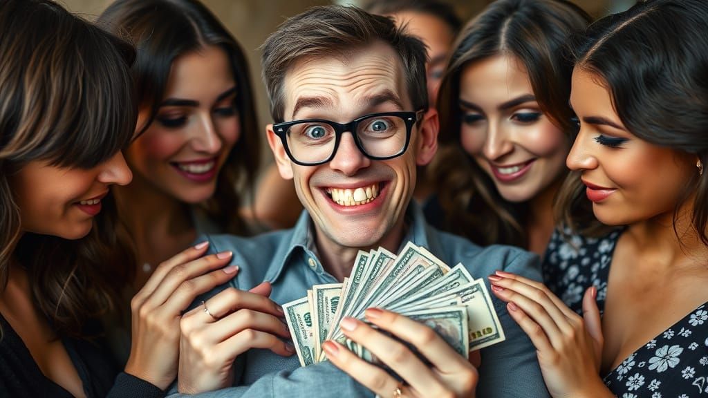 Nerdy Man Surrounded by Women and Money