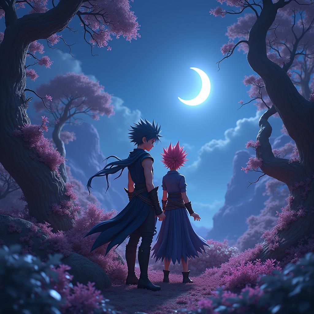 Fantasy Heroes Entwined in Dreamlike Landscape