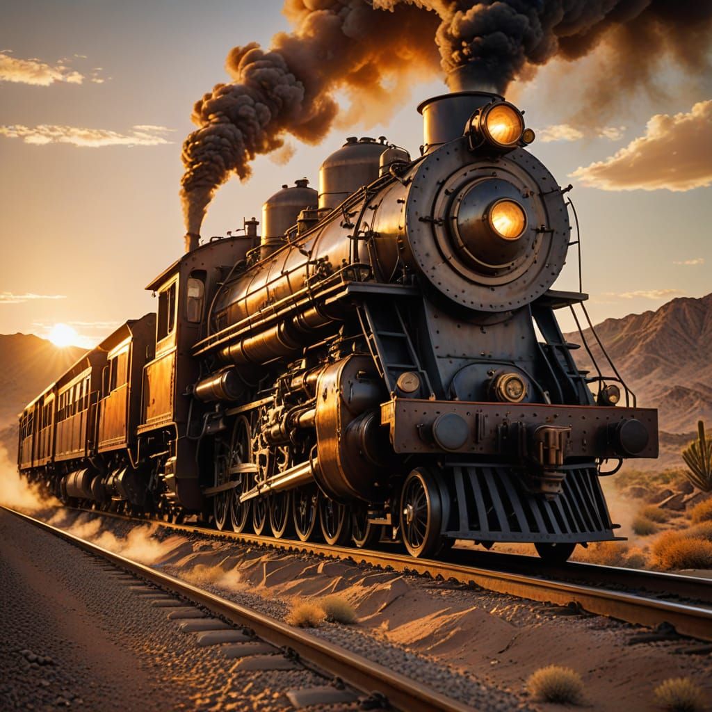 Steampunk Desert Train Journey in Golden Hour
