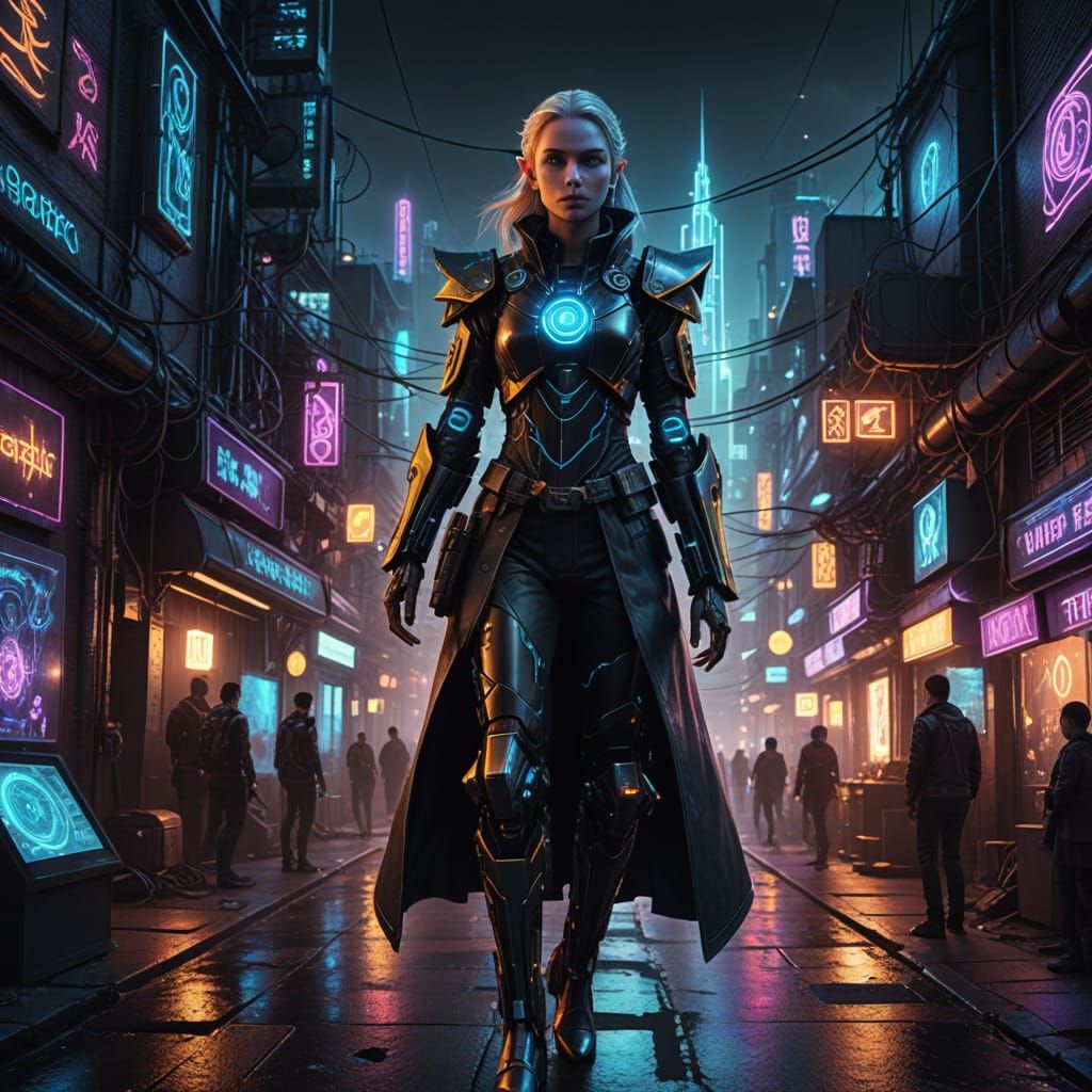 Cyberpunk Elf Roboticist Casting Spell on City Street