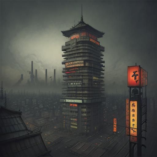 Dystopian Dome City in Ukiyo-e Painting Style