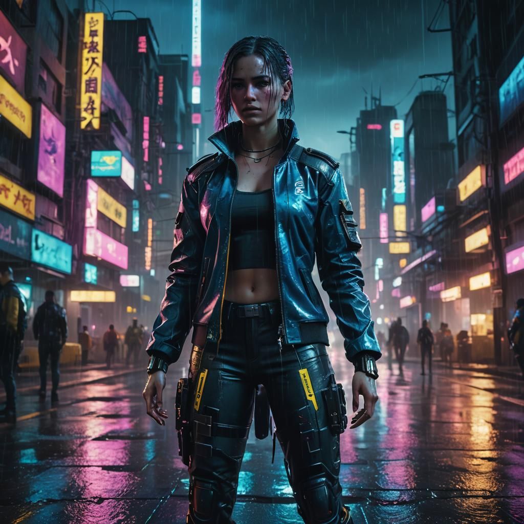 Android in Neon Cyberpunk Cityscape