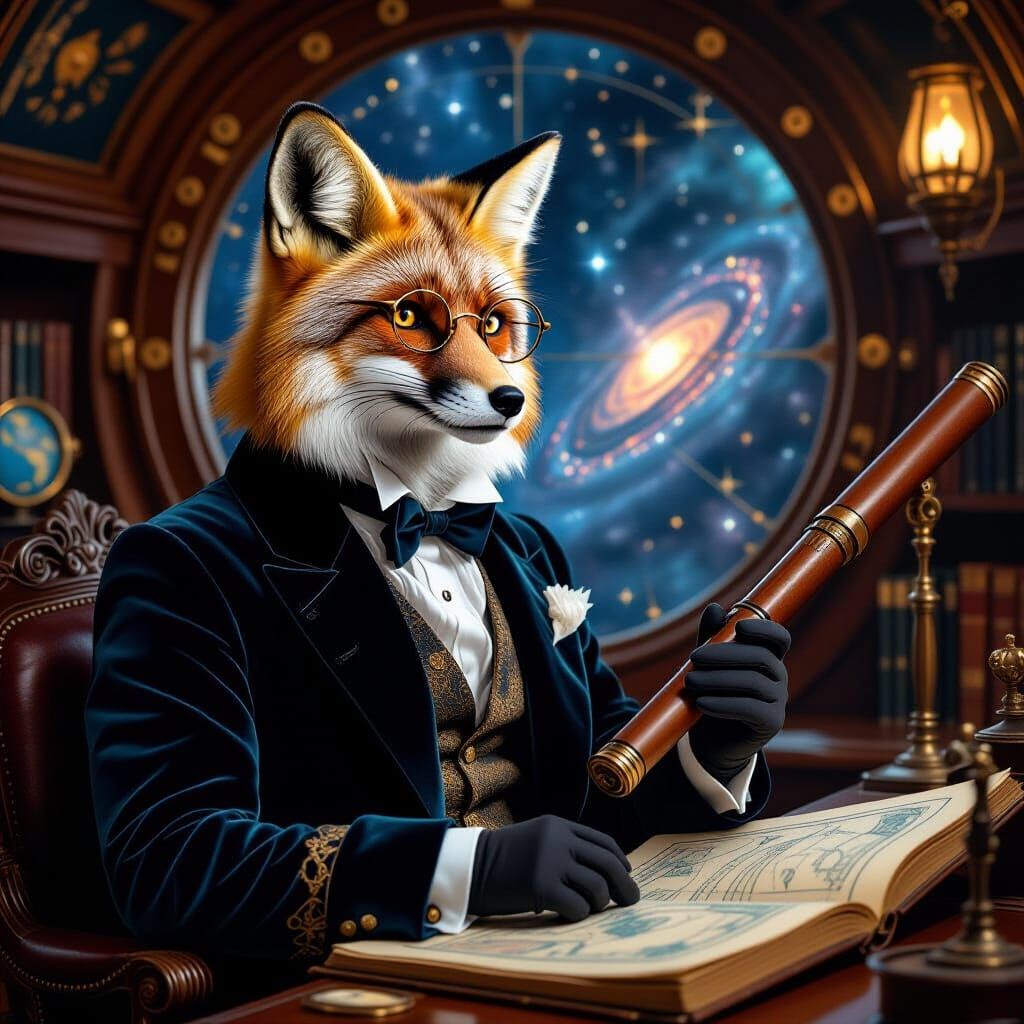 Fox Astronomer in a Cozy Observatory, Art Nouveau Style