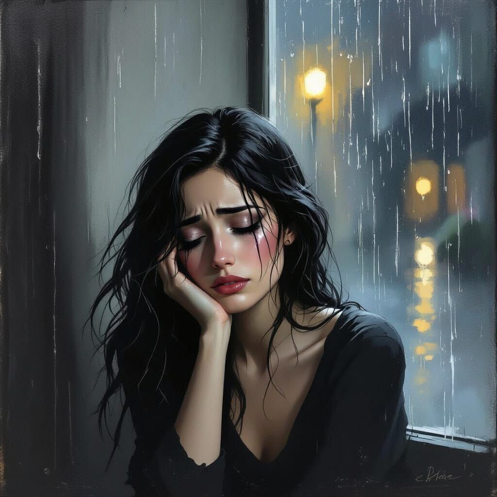 Melancholic Woman by Rain-Streaked Window