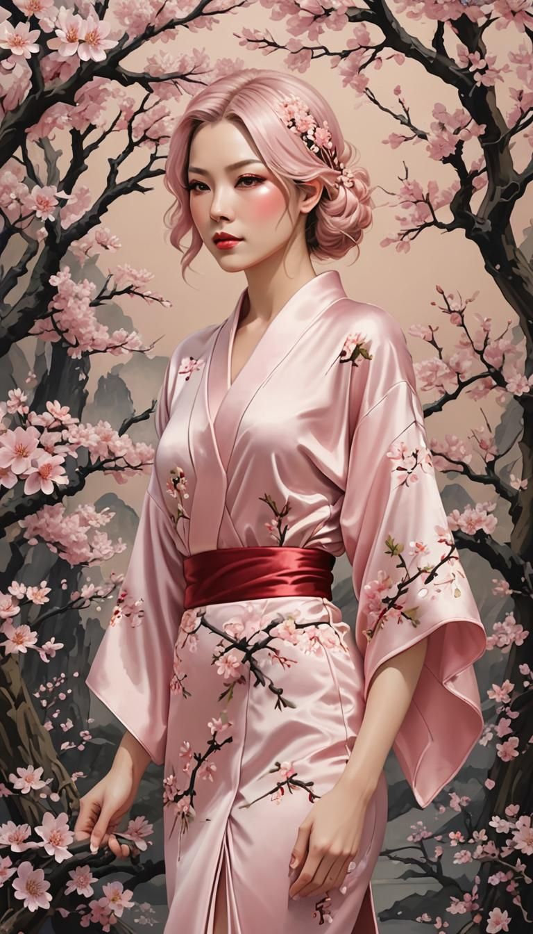 Woman in Cherry Blossom Kimono, Art Deco Style