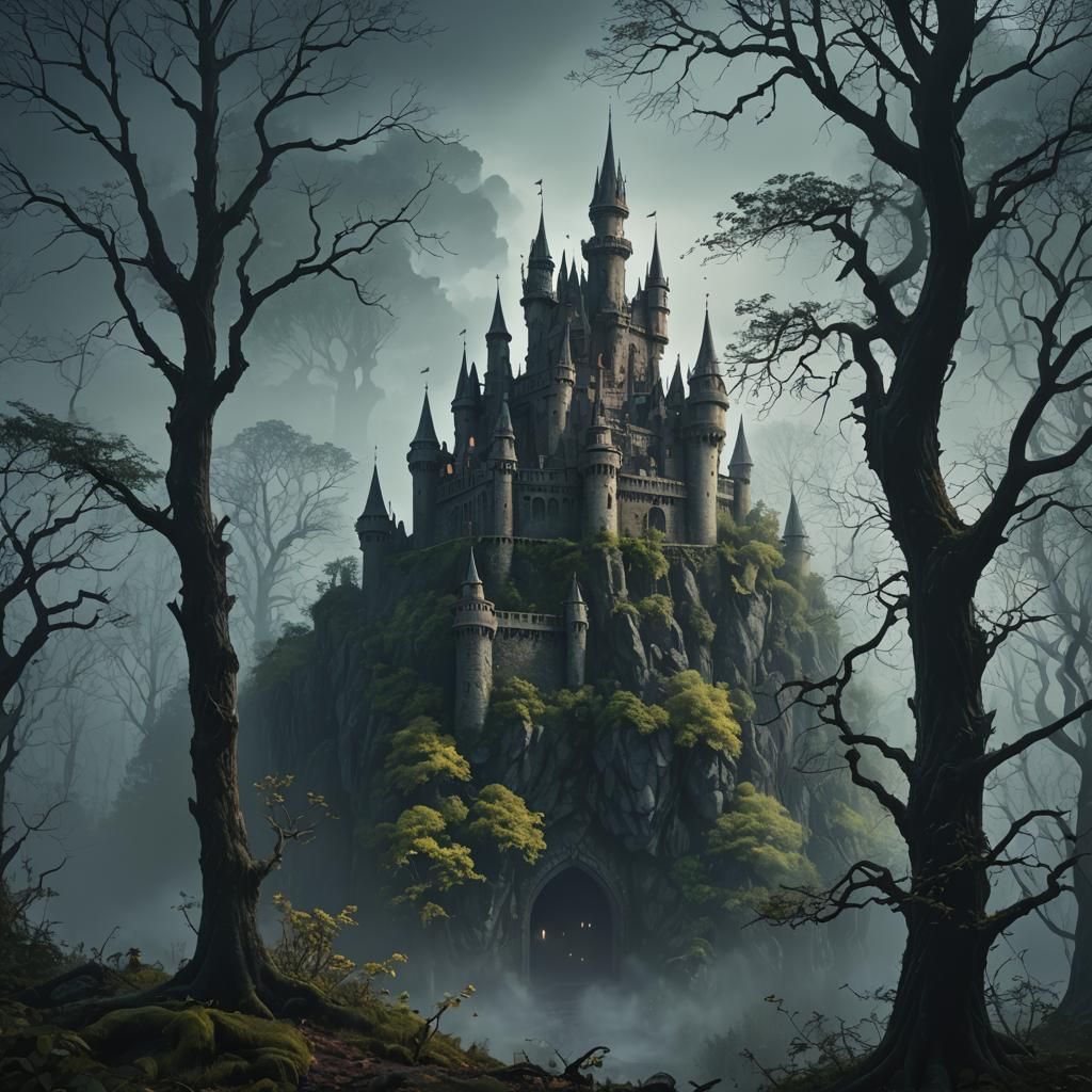 Mystical Castle Hidden in Dark Fantasy Forest