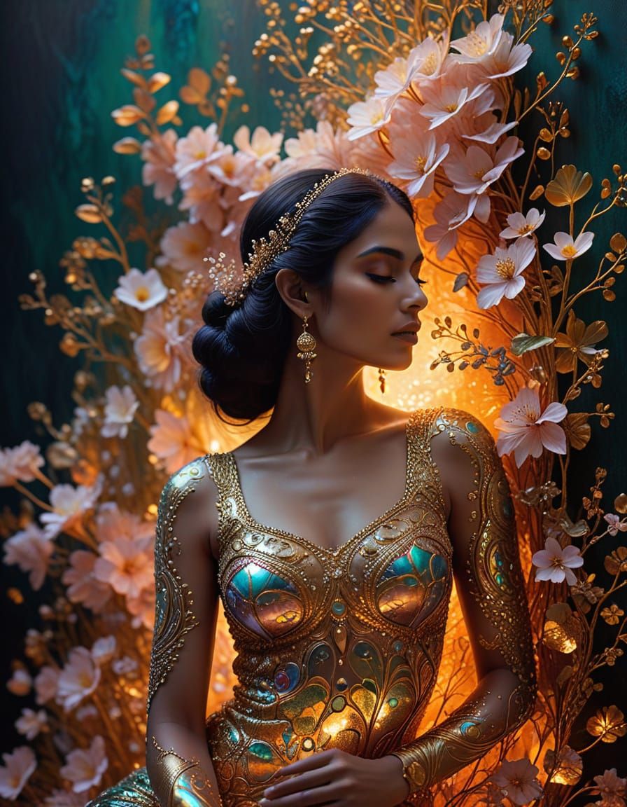Glimmering elegance unfolds in a dreamlike floral embrace