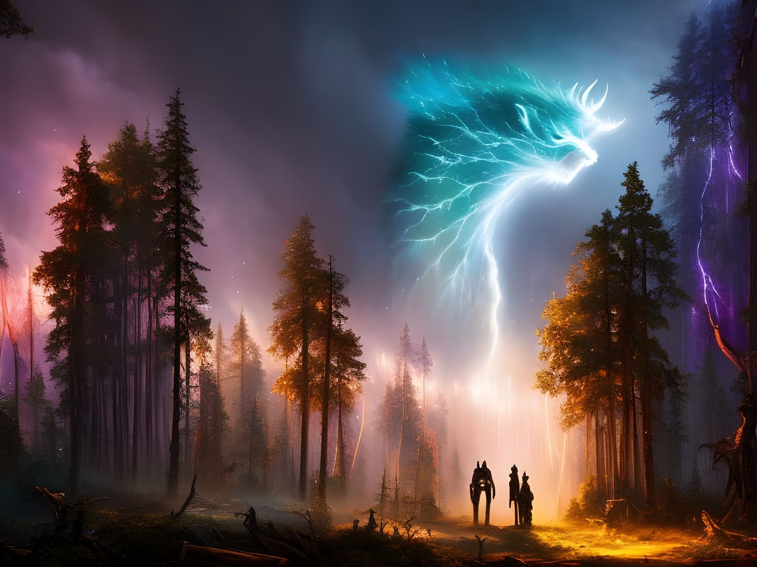 Enchanted Forest with Ghosts and Rainbow Sunset