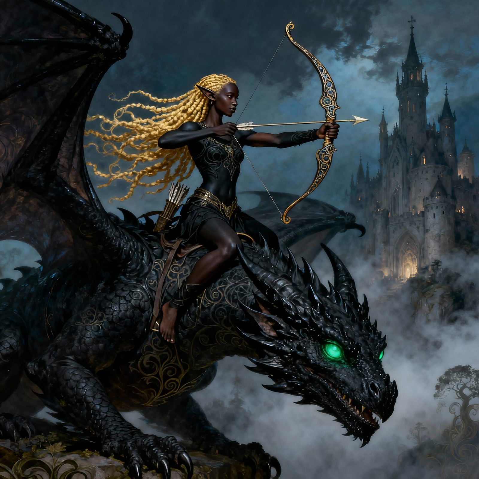 African American Elf Rider on Black Dragon