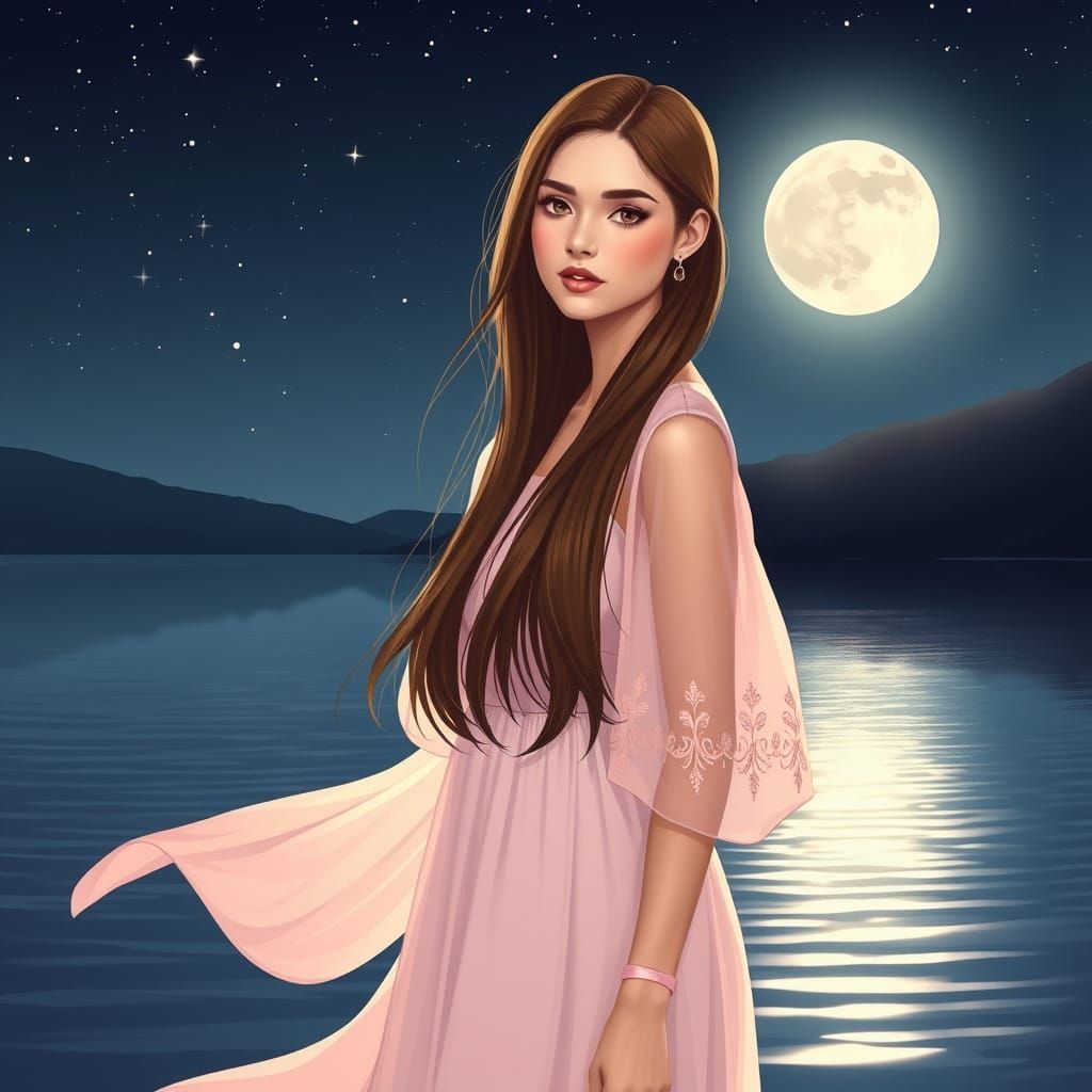 Woman in Pink Dress by Lake, Digital Illustration
