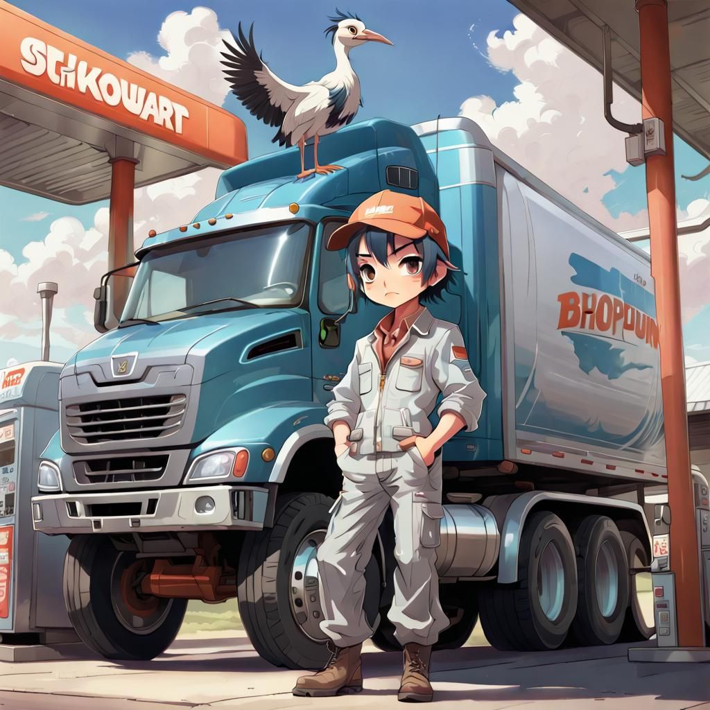 Biopunk Stork Trucker in Manga Illustration Style