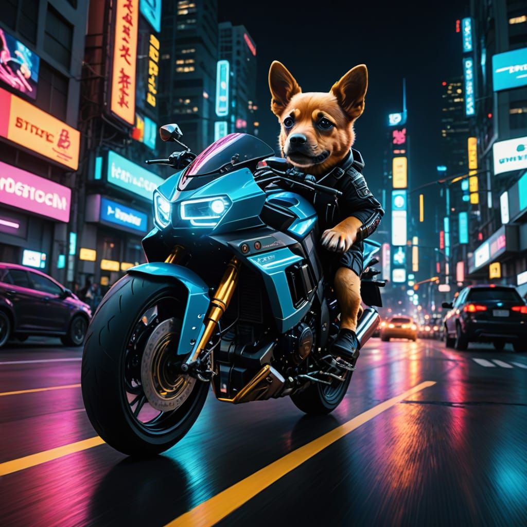 Cyberpunk Puppy Speed Demon Rides Neon Highway