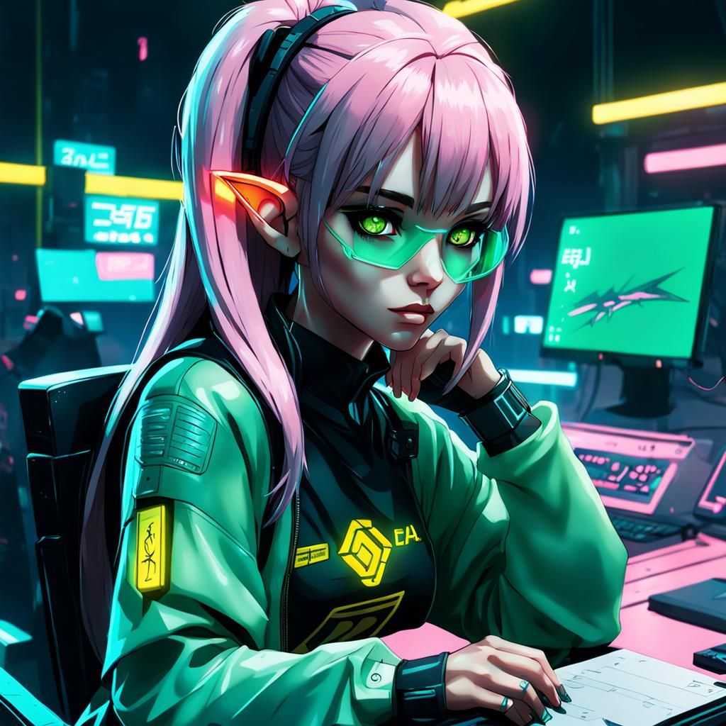 Anime Elf Girl in Cyberpunk Neon City