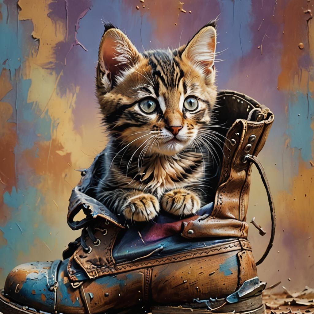 Hyperrealistic Kitten Comfortably Curled in Old Boot