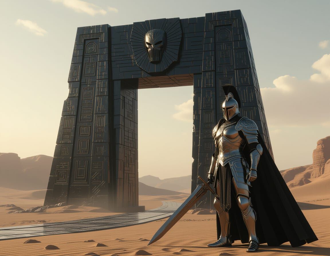 Futuristic Jack of Spades Warrior Guards Ancient Obsidian Ga...