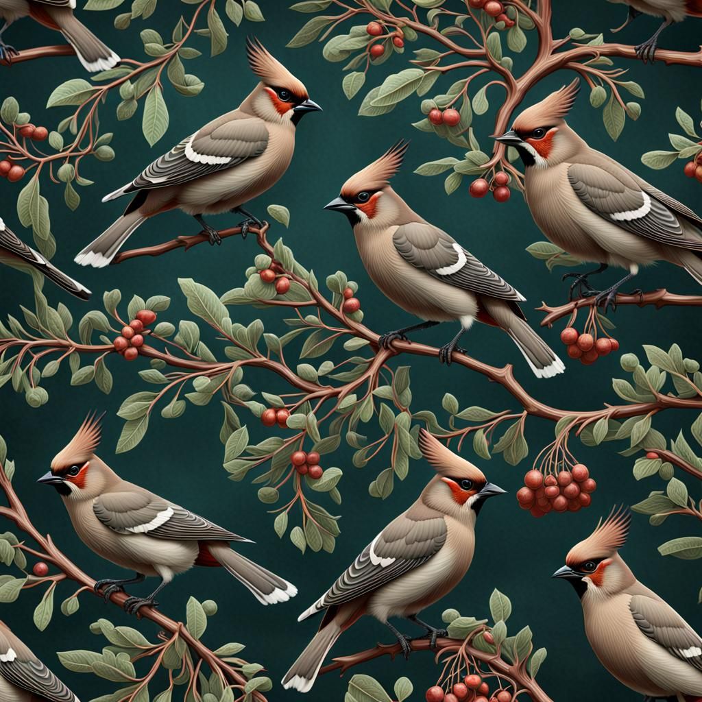 Ethereal Bohemian Waxwing Bird in Intricate Illustration Sty...