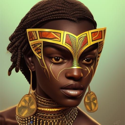 African Woman in Tribal Mask: Detailed Digital Portrait