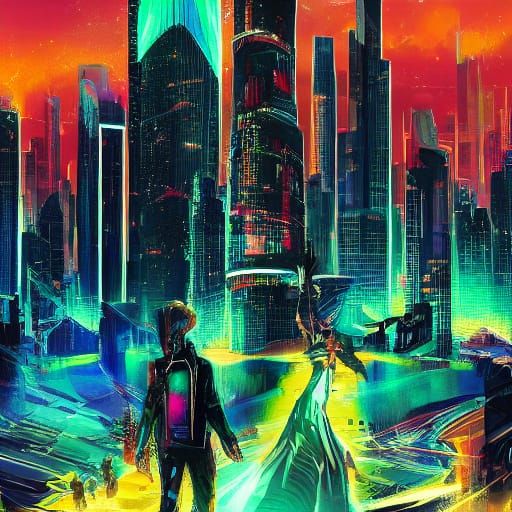 David Bowie Inspired Figure in Neon Sci-Fi Cityscape