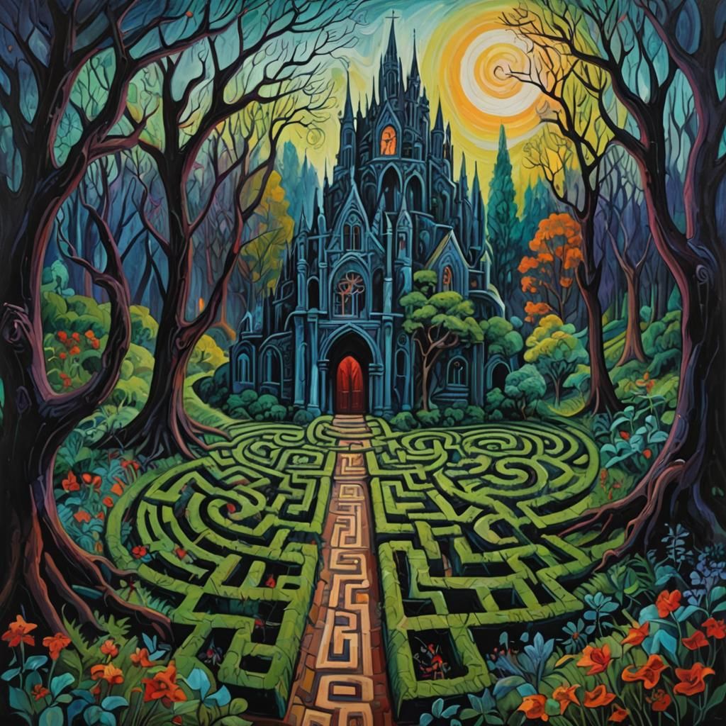 Surreal Gothic Labyrinth: An Expressionist Oil Painting