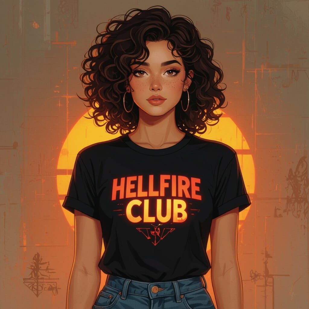 Girl in Hellfire Club Shirt with Synthwave Aesthetic