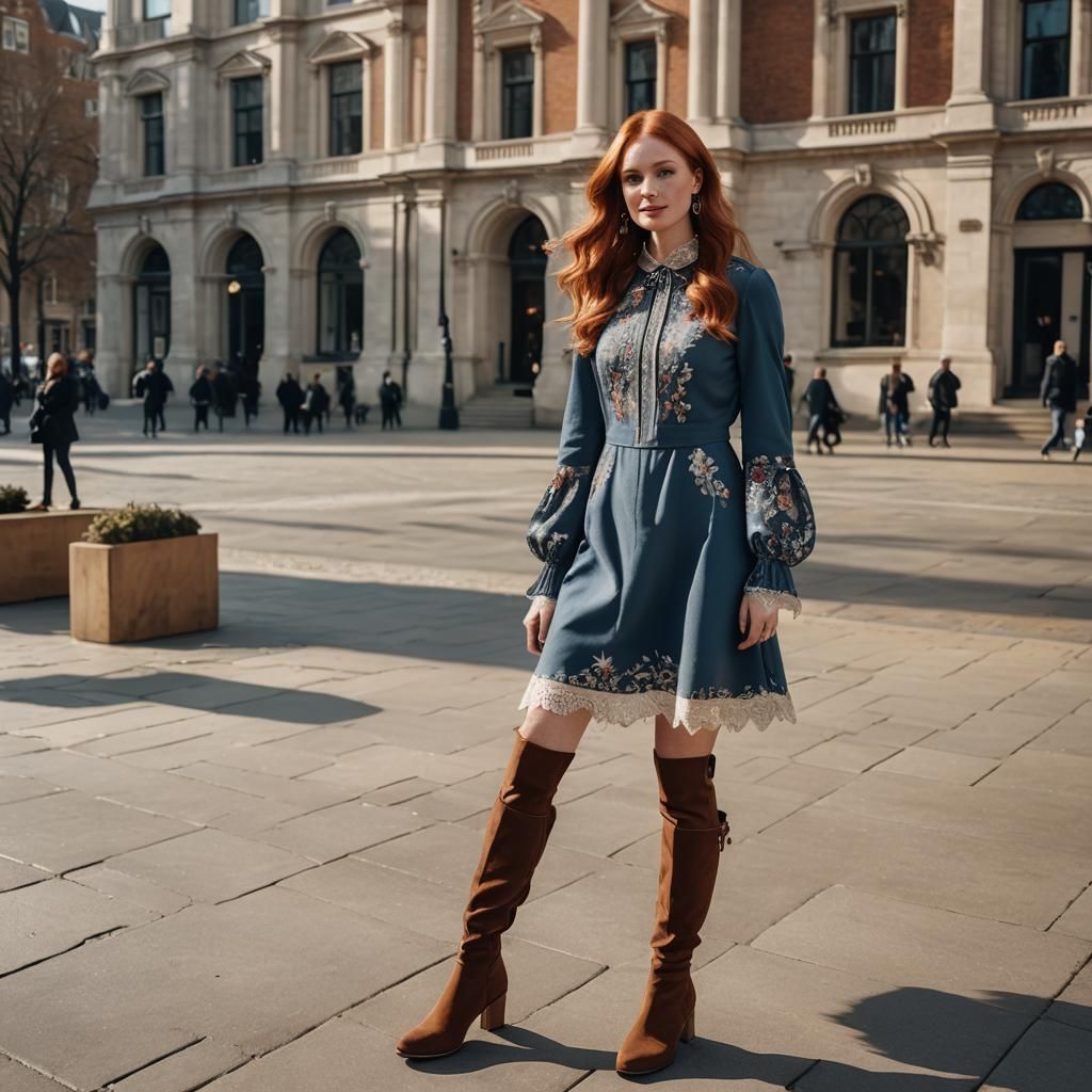 Redhead in London Plaza: Detailed Digital Art
