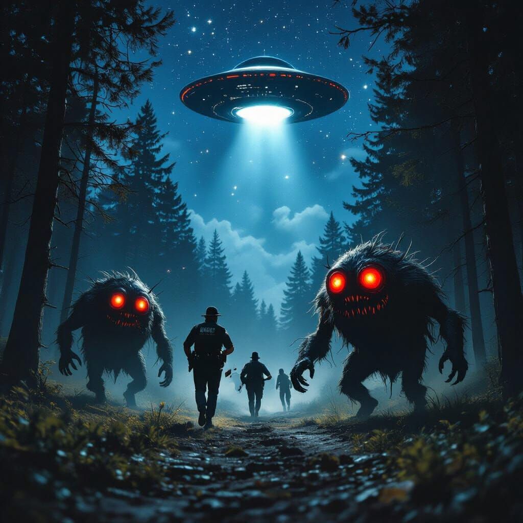 Monsters and UFO Chase in Dark Forest, Cinematic Style