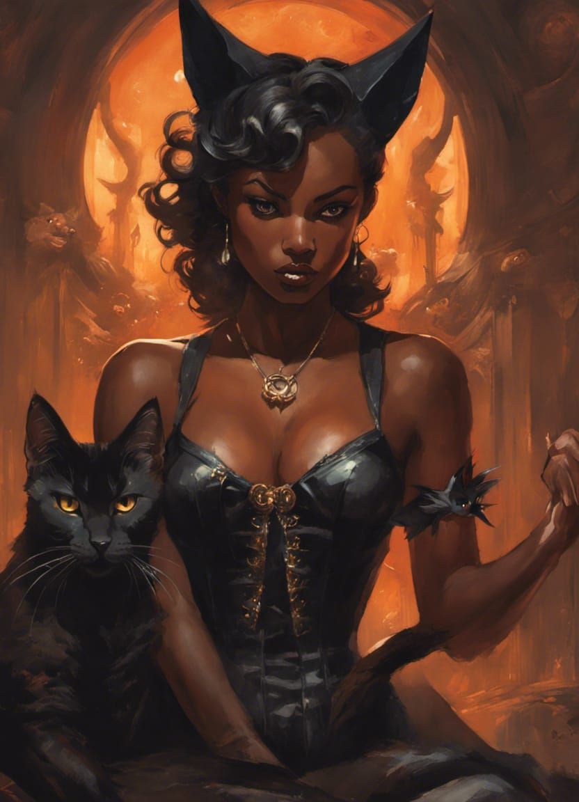 Alluring Dark Witch with Kitten, Pin-Up Style