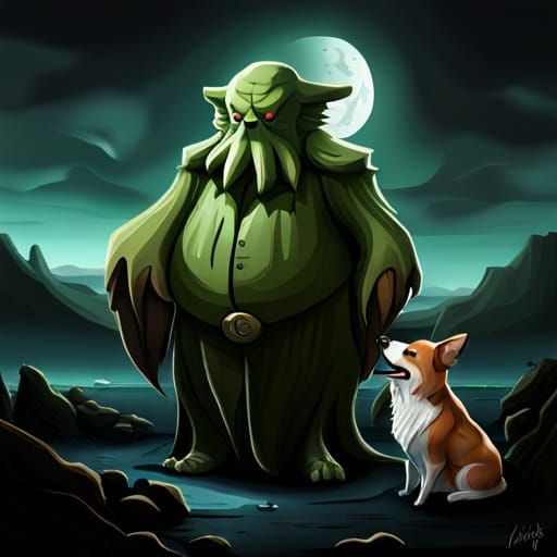 Cthulhu and Corgi in Sinister Landscape