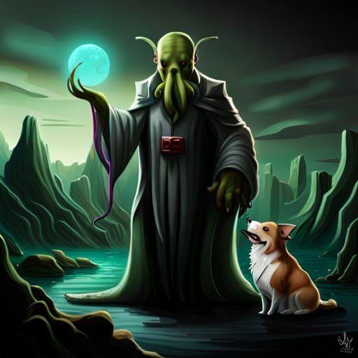 Cthulhu and Corgi in Dark Landscape: Realistic Image