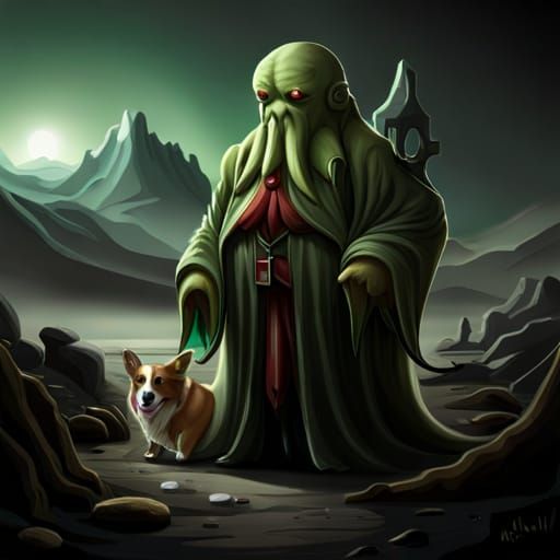 Cthulhu and Corgi in Sinister Landscape
