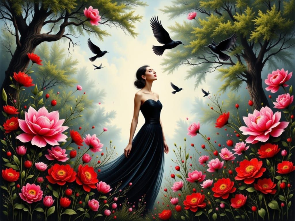 Woman in Black Dress with Flowers and Birds