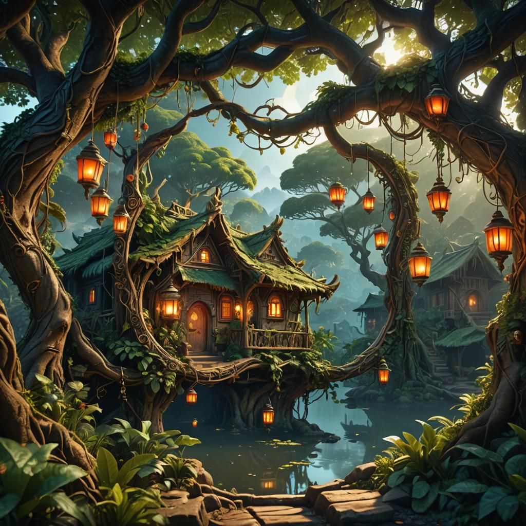 Lush Jungle Village Reflected in Ornate Mirror