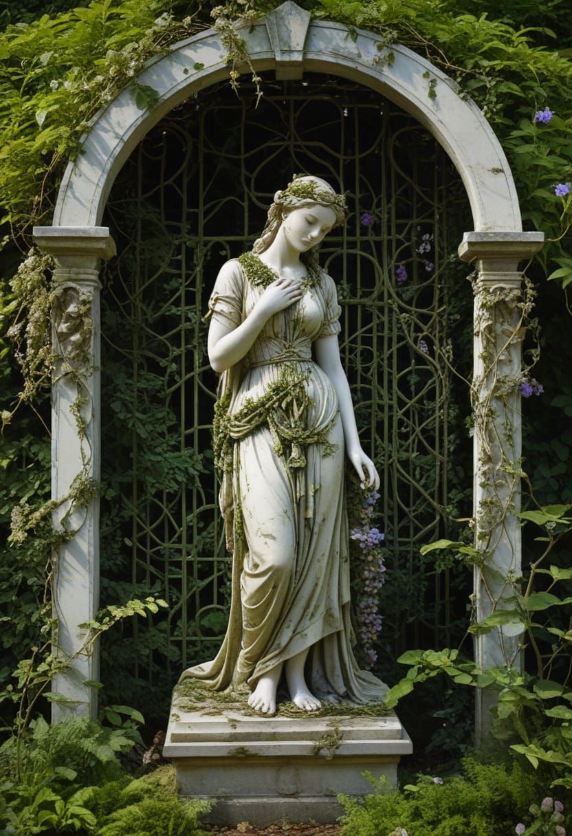 Mossy Marble Sculpture of Woman in Garden, Watercolor Style