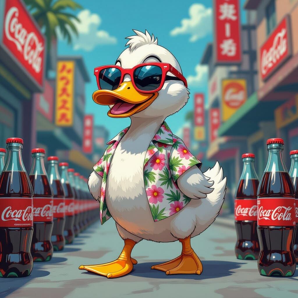 Ducks Kissing Surrounded by Coca-Cola, in Pop Art Style