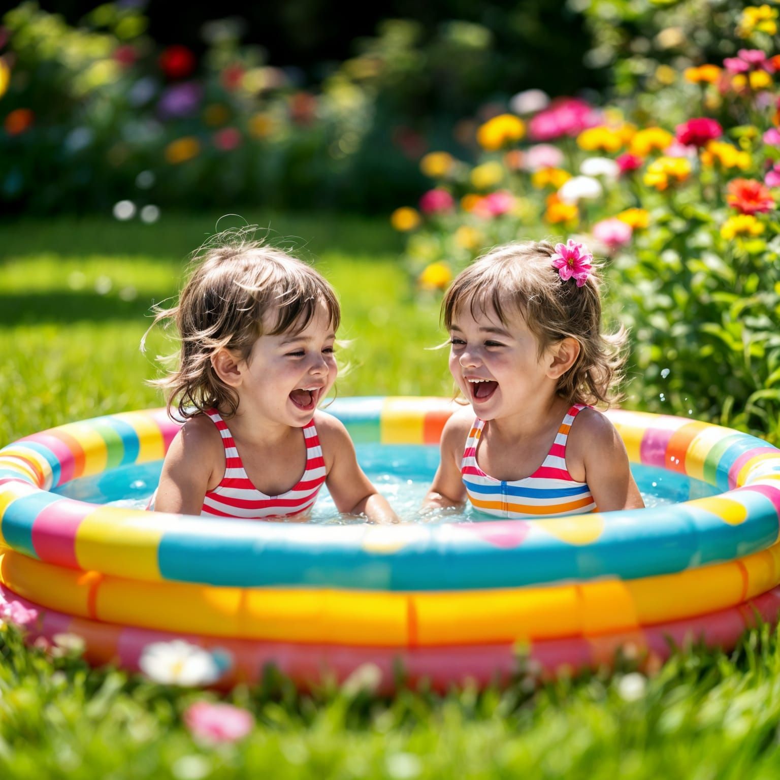 Girls Splashing in Kiddie Pool on Summer Day