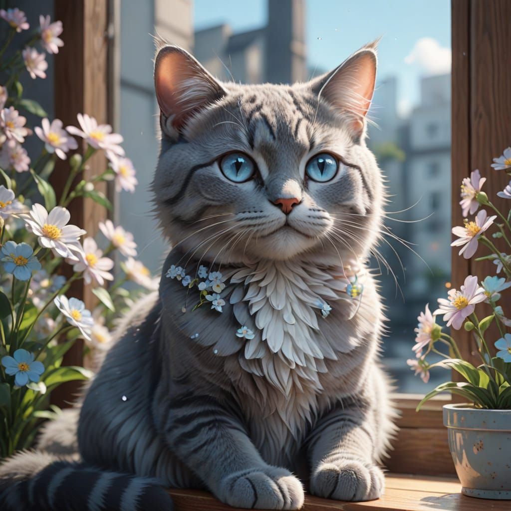Whimsical Gray Cat Portrait in Pastel Anime Style
