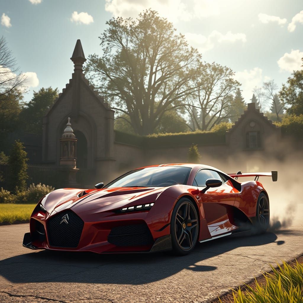 Epic Red Hypercar Drifts in Vibrant Celtic Garden