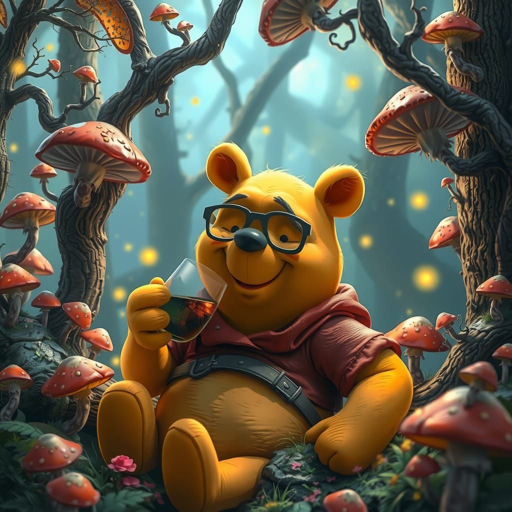 Drunk Winnie the Pooh in Whimsical Forest