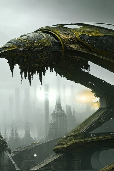 Alien in Dystopian Cityscape, Hyperdetailed Matte Painting