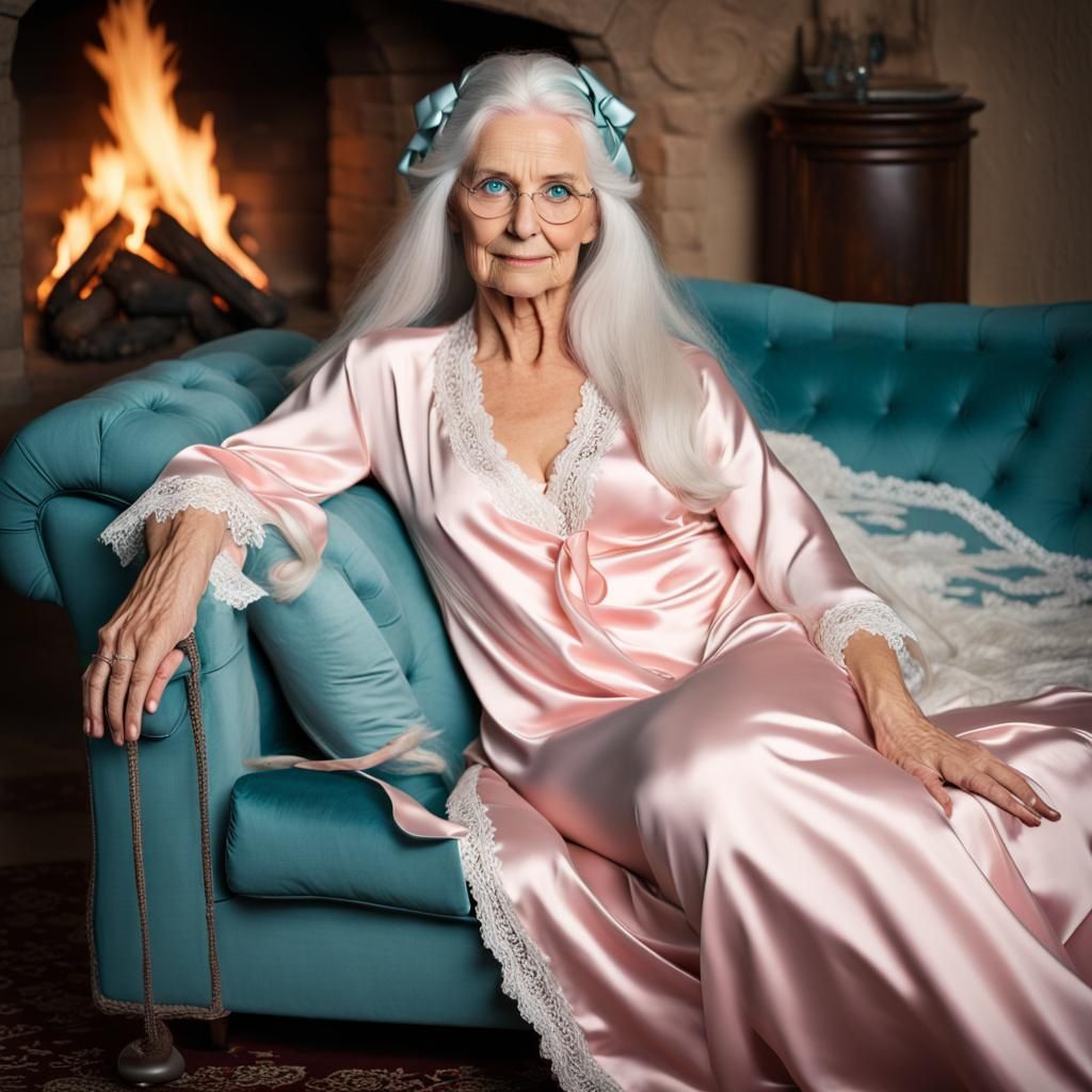 Mature Woman in Pink Negligee by Fire